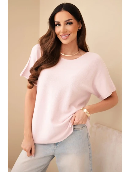 Dámský svetr s krátkým rukávem volného střihu pudrově růžový Dámský svetr s krátkým rukávem volného střihu pudrově růžový