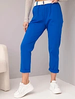 Dámské bavlněné kalhoty s páskem a ohrnutými nohavicemi chabrové