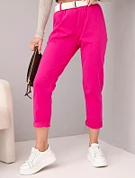 Dámské bavlněné kalhoty s páskem a ohrnutými nohavicemi fuksja