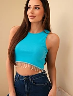 Dámský krátký žebrovaný top z bavlny s ozdobnými třásněmi tyrkysová