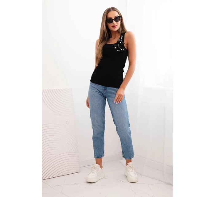 Dámský žebrovaný top z bavlny s květinovou aplikací černá Dámský žebrovaný top z bavlny s květinovou aplikací černá