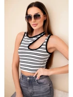 Dámský žebrovaný pruhovaný top bez rukávů s průstřihem černá