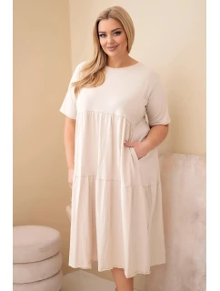 Dámské bavlněné šaty Plus Size s krátkým rukávem a volánem béžová