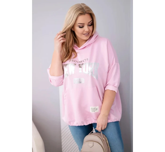 Dámská mikina plus size z viskózy s kapucí a klokaní kapsou světle růžová Dámská mikina plus size z viskózy s kapucí a klokaní kapsou světle růžová