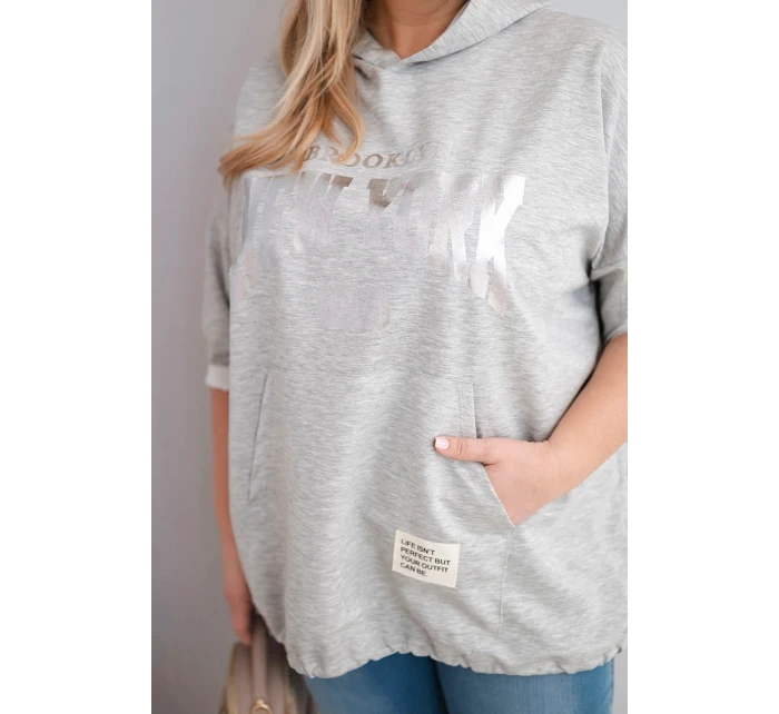 Dámská mikina Plus Size viskózová s kapucí a klokaní kapsou šedý melír Dámská mikina Plus Size viskózová s kapucí a klokaní kapsou šedý melír