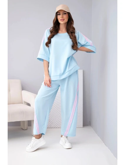 Dámský máslový komplet z viskózy, mikina a kalhoty s lampasy modrý Dámský máslový komplet z viskózy, mikina a kalhoty s lampasy modrý