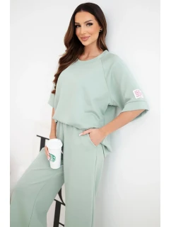 Dámský komplet z viskózy mikina a široké kalhoty máslový tmavě mentolový