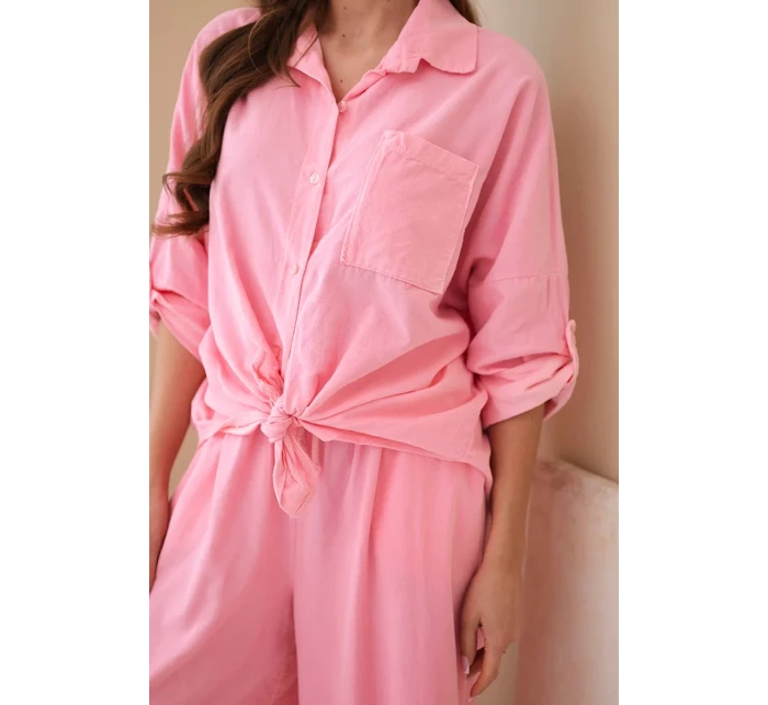 Dámský bavlněný komplet s košilí na zavazování a širokými nohavicemi světle růžová Dámský bavlněný komplet s košilí na zavazování a širokými nohavicemi světle růžová
