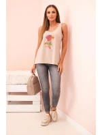 Dámská bavlněná halenka na ramínkách s květinovým potiskem béžová