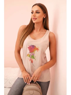 Dámská bavlněná halenka na ramínkách s květinovým potiskem béžová