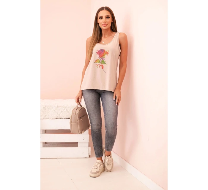 Dámská bavlněná halenka na ramínkách s květinovým potiskem béžová Dámská bavlněná halenka na ramínkách s květinovým potiskem béžová