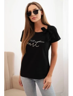 Dámská bavlněná halenka s mašlí na rameni a s potiskem černá