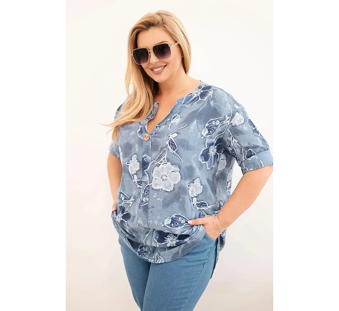 Dámská bavlněná halenka Plus Size s květinovým vzorem jeansová Dámská bavlněná halenka Plus Size s květinovým vzorem jeansová