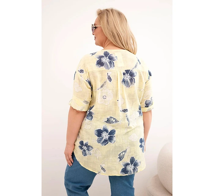 Dámská bavlněná halenka Plus Size s květinovým vzorem žlutá Dámská bavlněná halenka Plus Size s květinovým vzorem žlutá