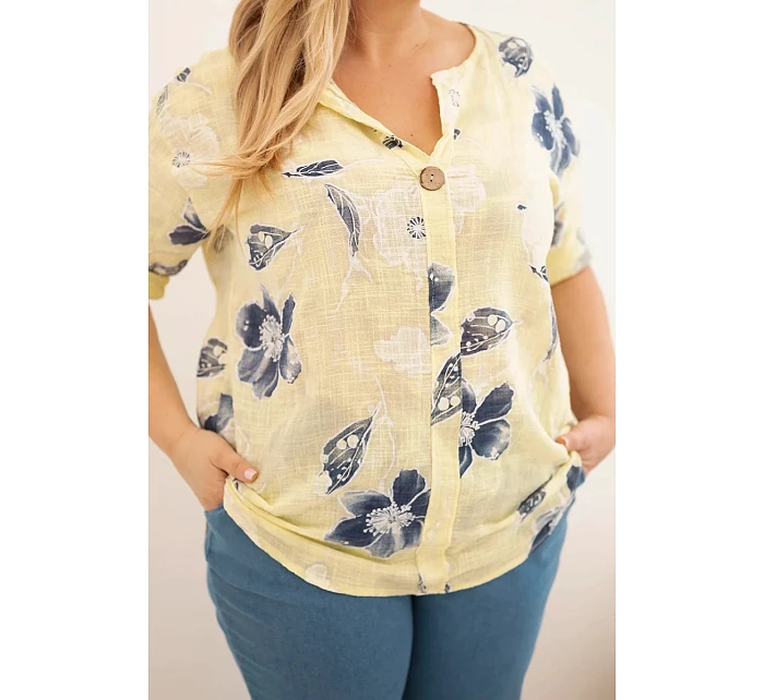 Dámská bavlněná halenka Plus Size s květinovým vzorem žlutá Dámská bavlněná halenka Plus Size s květinovým vzorem žlutá