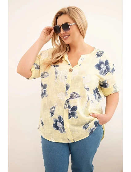 Dámská bavlněná halenka Plus Size s květinovým vzorem žlutá Dámská bavlněná halenka Plus Size s květinovým vzorem žlutá