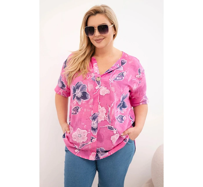 Dámská bavlněná halenka s květinovým vzorem plus size růžová Dámská bavlněná halenka s květinovým vzorem plus size růžová