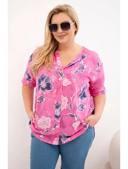 Dámská bavlněná halenka s květinovým vzorem plus size růžová Dámská bavlněná halenka s květinovým vzorem plus size růžová