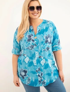 Dámská bavlněná halenka pro plnoštíhlé v květinovém vzoru tyrkysová