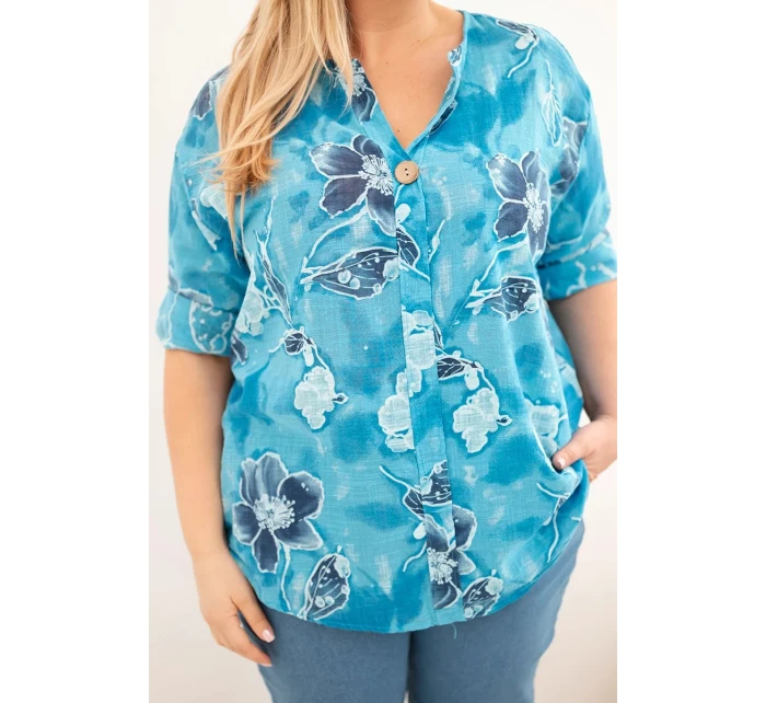 Dámská bavlněná halenka pro v vzoru tyrkysová model 22021024 - K-Fashion Dámská bavlněná halenka pro v vzoru tyrkysová model 22021024 - K-Fashion