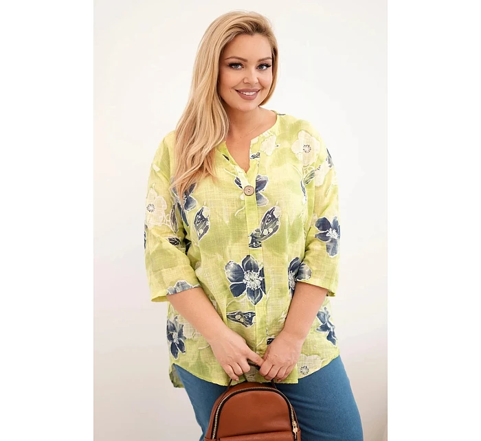 Dámská bavlněná halenka Plus Size s květinovým vzorem světle zelená Dámská bavlněná halenka Plus Size s květinovým vzorem světle zelená