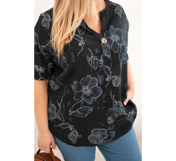 Dámská bavlněná halenka Plus Size s květinovým vzorem černá Dámská bavlněná halenka Plus Size s květinovým vzorem černá