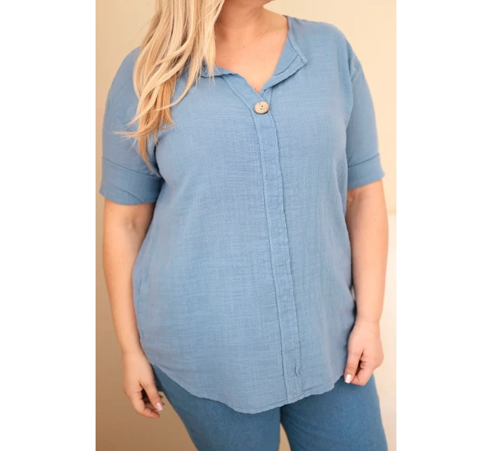 Dámská bavlněná halenka Plus Size s výstřihem na knoflíky džínová Dámská bavlněná halenka Plus Size s výstřihem na knoflíky džínová