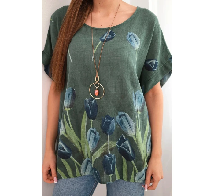 Dámská bavlněná košile s květinovým vzorem tmavé khaki Dámská bavlněná košile s květinovým vzorem tmavé khaki