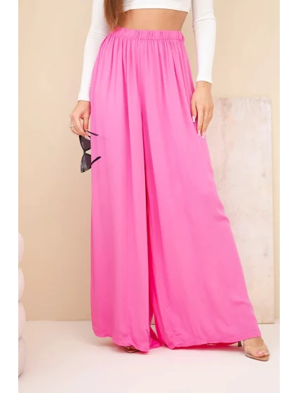 Dámské široké viskózové kalhoty s gumou v pase růžové Dámské široké viskózové kalhoty s gumou v pase růžové