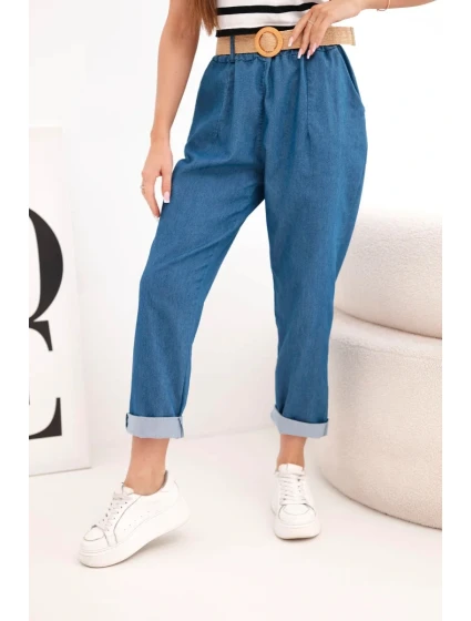 Dámské kalhoty s ohrnutou nohavicí a páskem tmavě džínové Dámské kalhoty s ohrnutou nohavicí a páskem tmavě džínové