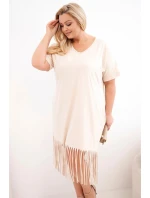 Dámské bavlněné šaty s výstřihem do V a třásněmi dole béžová