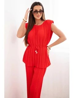 Dámský viskózový plisovaný komplet s vázanou halenkou a širokými kalhotami červený