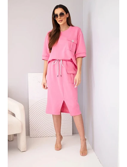 Dámský komplet máslový s halenkou a midi sukní růžový