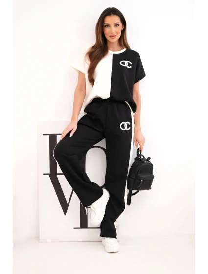 Dámský máslový komplet s oversize mikinou a širokými kalhotami ecru + černý Dámský máslový komplet s oversize mikinou a širokými kalhotami ecru + černý