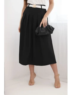 Dámská viskózová sukně s páskem a záhyby černá