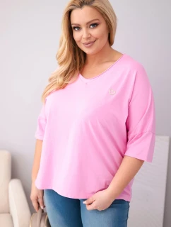 Dámská bavlněná oversize halenka Plus Size s výstřihem do V světle růžová