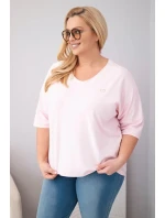 Dámská bavlněná oversize halenka Plus Size s výstřihem do V bonbónová růžová