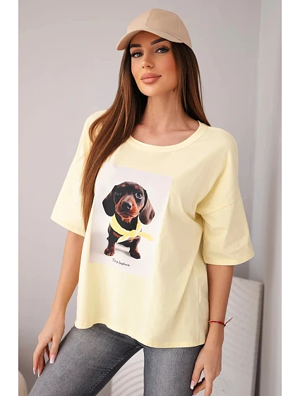 Dámská bavlněná oversize halenka s potiskem "Dog Fashion" žlutá Dámská bavlněná oversize halenka s potiskem "Dog Fashion" žlutá