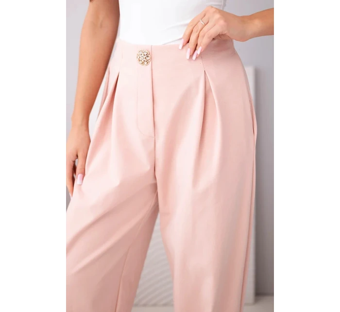 Dámské bavlněné kalhoty s vysokým pasem a ozdobným knoflíkem tmavě pudrově růžové Dámské bavlněné kalhoty s vysokým pasem a ozdobným knoflíkem tmavě pudrově růžové