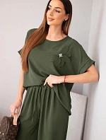 Dámský komplet z viskózy s ozdobným květem a širokými kalhotami tmavé khaki