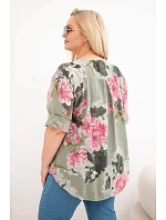 Dámská bavlněná halenka Plus Size s výstřihem do V v květinovém vzoru khaki