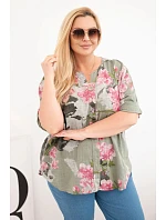 Dámská bavlněná halenka Plus Size s výstřihem do V v květinovém vzoru khaki