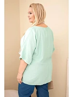 Dámská viskózová halenka Plus Size s krátkým rukávem a ozdobným šátkem tmavě mentolová