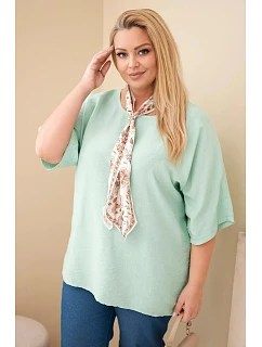 Dámská viskózová halenka Plus Size s krátkým rukávem a ozdobným šátkem tmavě mentolová