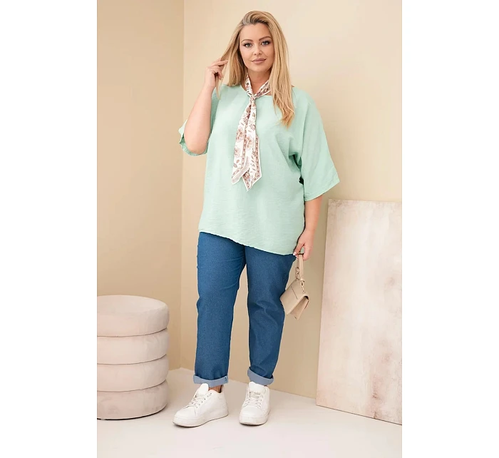 Dámská viskózová halenka Plus Size s krátkým rukávem a ozdobným šátkem tmavě mentolová Dámská viskózová halenka Plus Size s krátkým rukávem a ozdobným šátkem tmavě mentolová