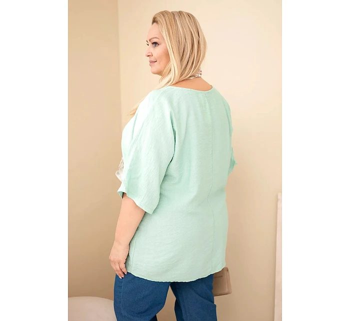 Dámská viskózová halenka Plus Size s krátkým rukávem a ozdobným šátkem tmavě mentolová Dámská viskózová halenka Plus Size s krátkým rukávem a ozdobným šátkem tmavě mentolová