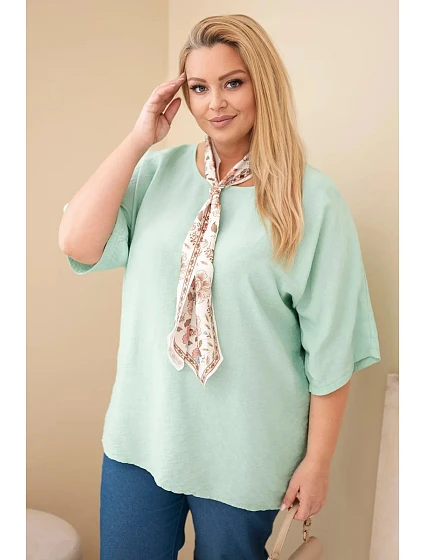 Dámská viskózová halenka Plus Size s krátkým rukávem a ozdobným šátkem tmavě mentolová Dámská viskózová halenka Plus Size s krátkým rukávem a ozdobným šátkem tmavě mentolová