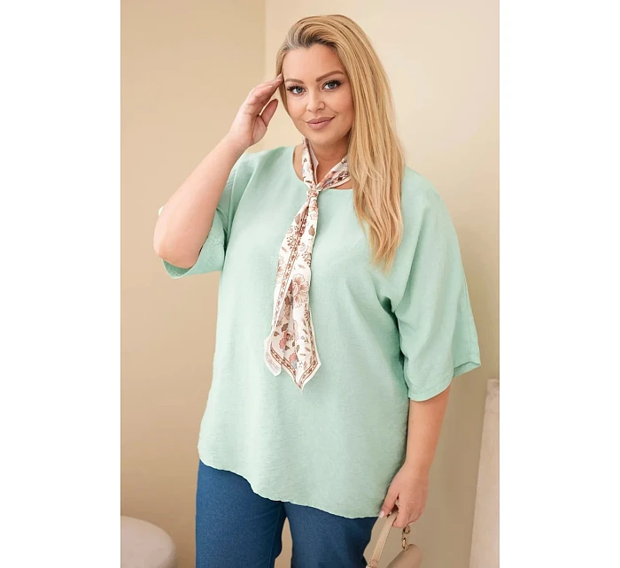 Dámská viskózová halenka Plus Size s krátkým rukávem a ozdobným šátkem tmavě mentolová Dámská viskózová halenka Plus Size s krátkým rukávem a ozdobným šátkem tmavě mentolová