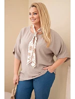 Dámská viskózová halenka plus size s krátkým rukávem a ozdobným šátkem fango