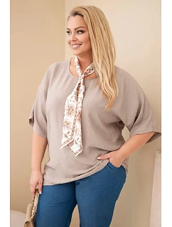 Dámská viskózová halenka plus size s krátkým rukávem a ozdobným šátkem fango